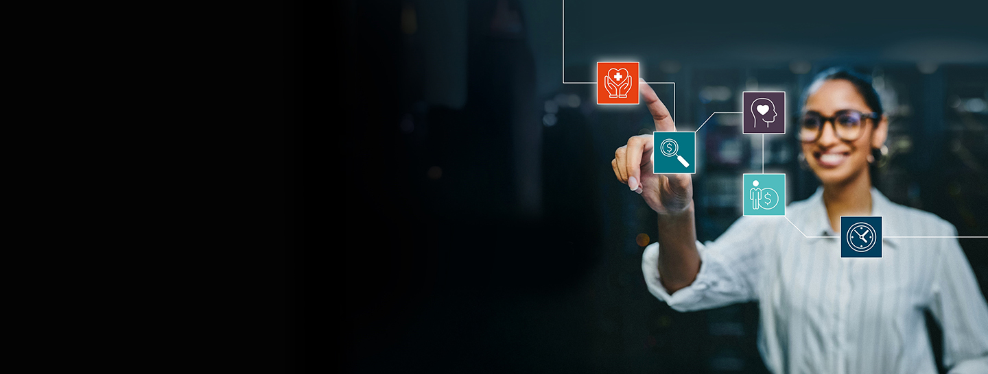 Woman in glasses pointing at icons like a screen